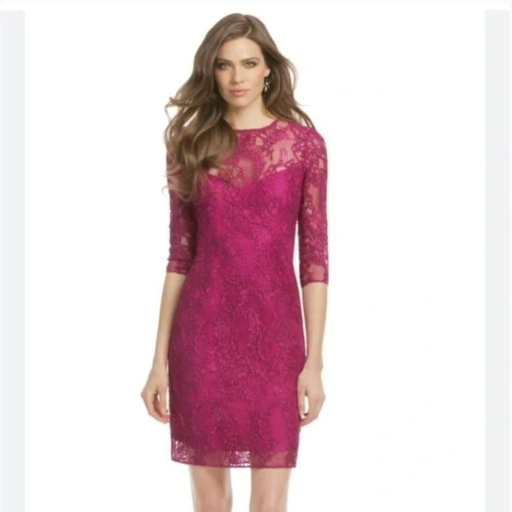 Carmen Marc Valvo Botanical Berry Fuchsia Sheath Lace Dress Size 4